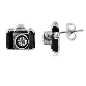 Silvertone with Black Camera with Center Stone Lens Stud Earrings
